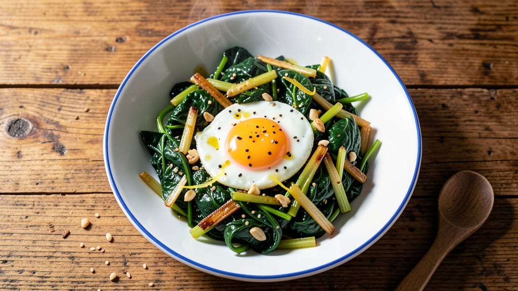 Stir Fried Spinach With Egg Recipe: Crispy Celery Bites Over Silky Egg Magic
