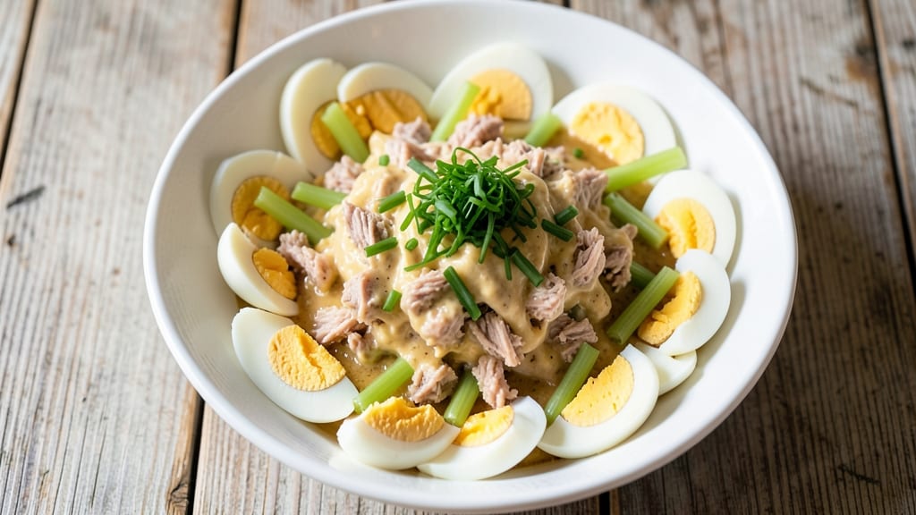 Tuna Salad Recipe with Egg and Mustard: Crunchy Celery Crowns Over Creamy Herb Clouds