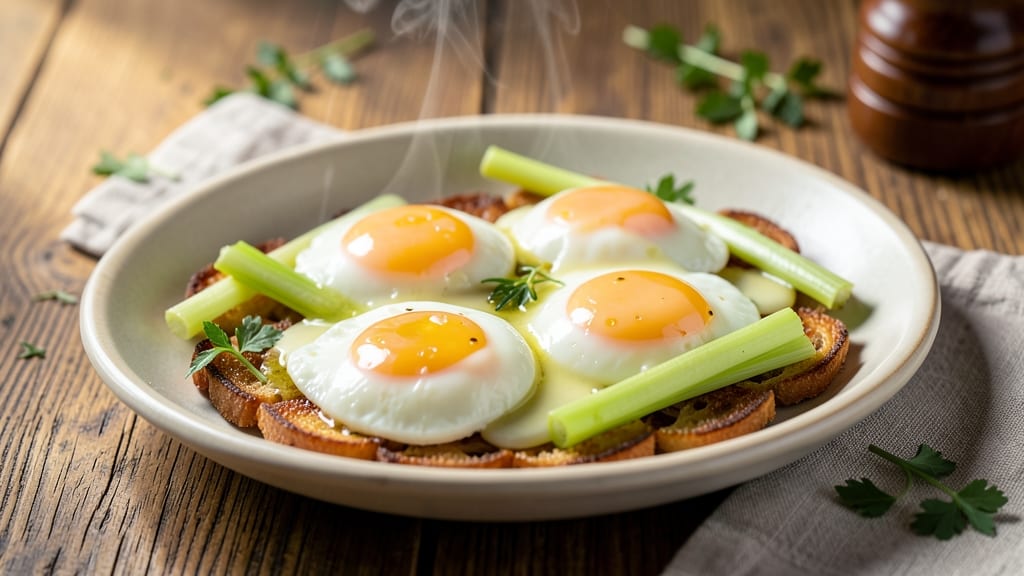 4 Egg Recipe: Crispy Celery Crowns Over Poached Yolk Brilliance
