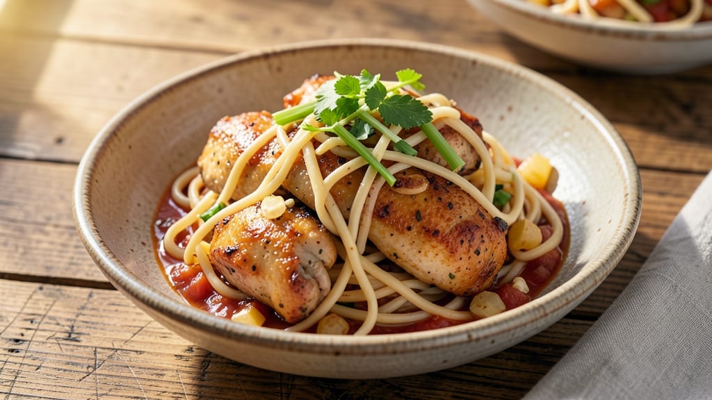 Southern Chicken and Egg Noodles Recipe: Crispy Celery Crowns Over Creamy Tomato Embrace