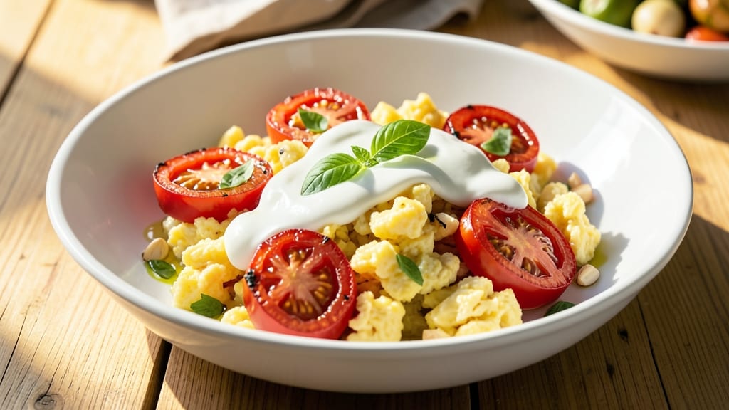 Tomato Egg Scramble Recipe: Smoky Roasted Tomato Crunch Over Creamy Egg Clouds