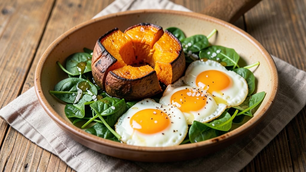 Sweet Potato Spinach Egg Recipe: Crispy Celery Crowns Over Poached Eggs' Silky Magic