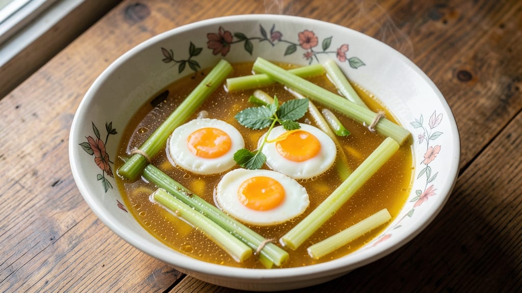 Sotanghon Soup With Egg Recipe: Crispy Celery Crowns Over Silky Yolk Harmony
