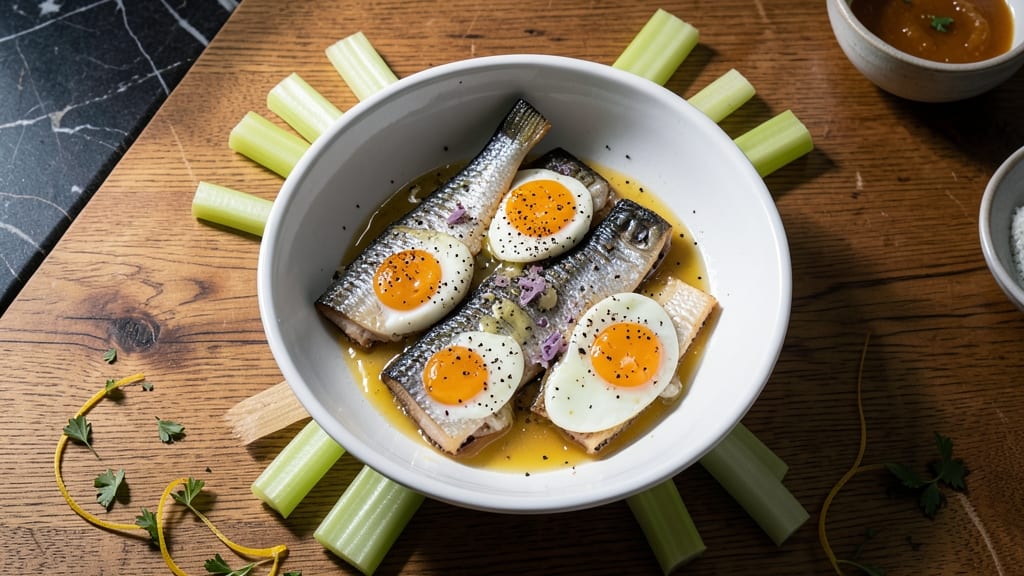 Tin Fish and Eggs Recipe: Crispy Celery Crowns Over Silky Poached Magic