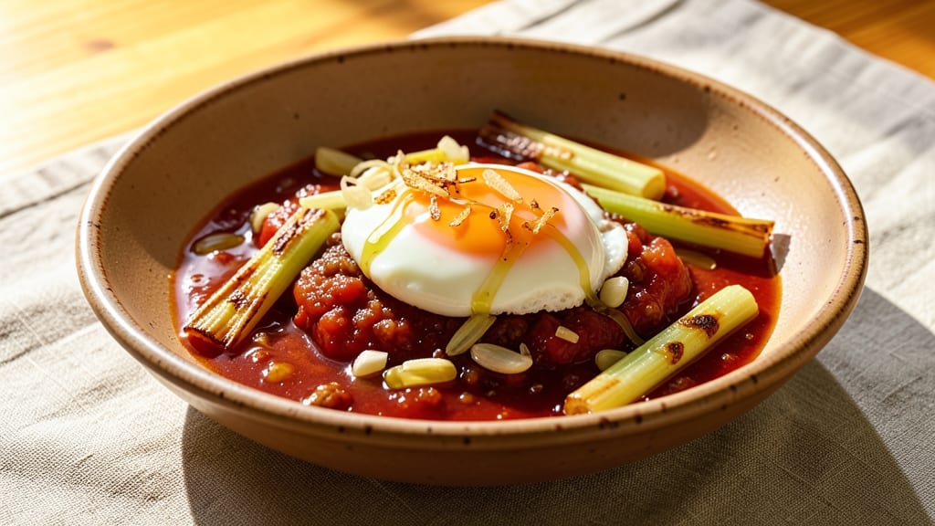 Tomato Egg Recipe Made With Lau: Crispy Celery Crowns Over Silky Poached Yolk Brilliance