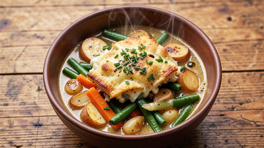 Veggie Pot Pie Soup Recipe: Flaky Pastry Top Over Hearty Veggie Melt
