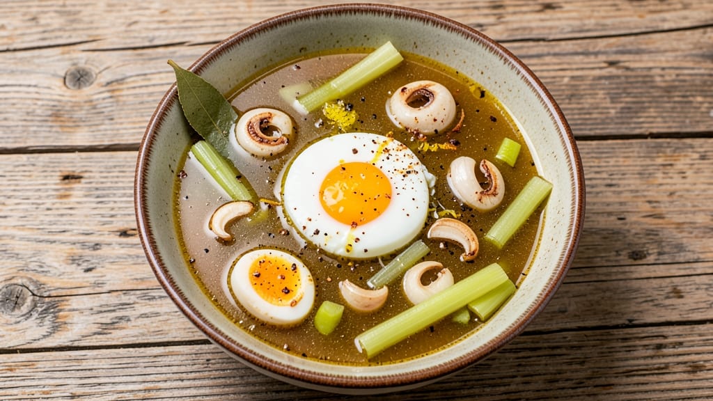 Spanish Garlic Egg and Celery Soup Recipe: Savory Umami Bomb With Crispy Celery Bites