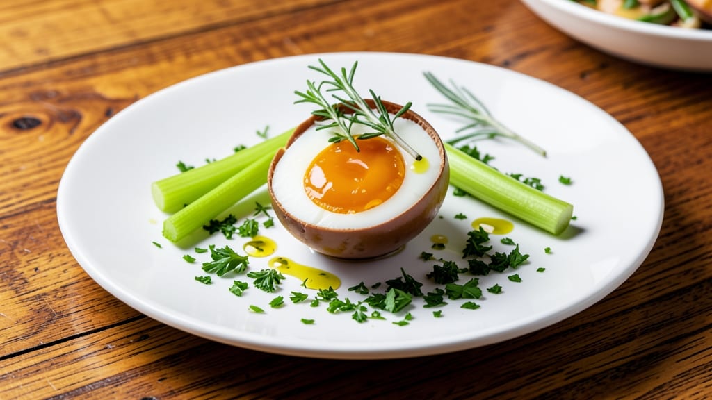 Emu Eggs Recipe: Crispy Celery Crowns Over Rich Herb Yolk Magic