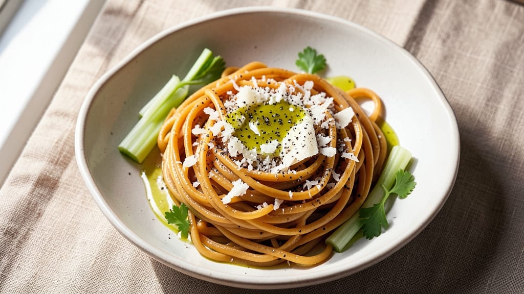 4-Egg Pasta Recipe: Celery-Crusted Carbonara with Runny Yolk Magic
