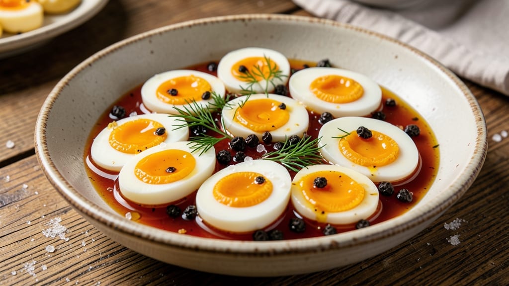 Tavern Pickled Eggs Recipe: Crispy Celery Crowns Over Zesty Mustard Magic
